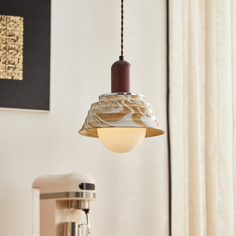 Traditional Japanese Round Floral Wood Ceramic 1-Light Pendant Light For Bedroom