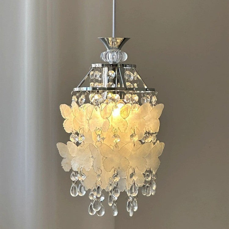 Moderne Art Deco Creme Schmetterling Muschel Windspiel Eisen Kristall 1-Licht Pendelleuchte für Schlafzimmer 
