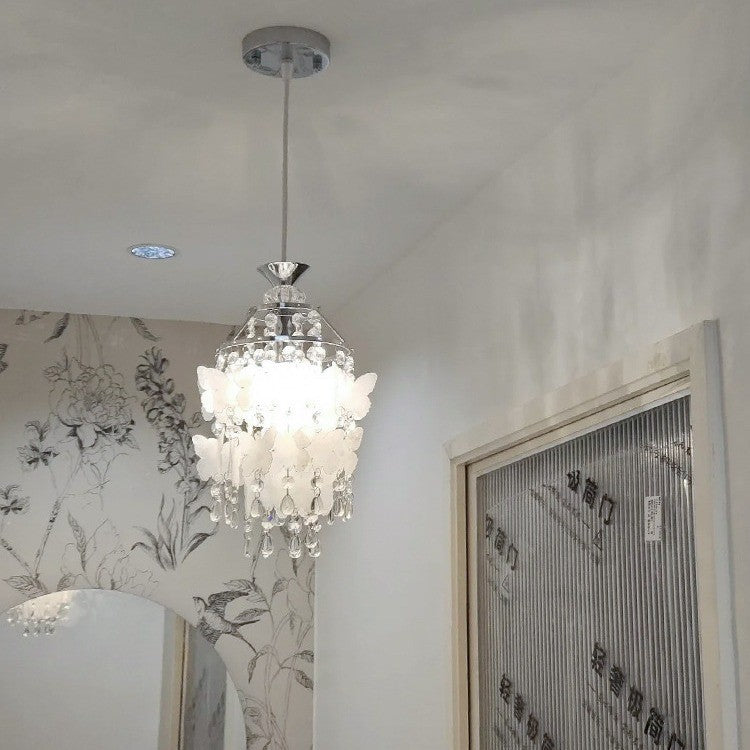 Moderne Art Deco Creme Schmetterling Muschel Windspiel Eisen Kristall 1-Licht Pendelleuchte für Schlafzimmer 