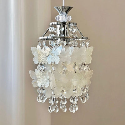 Moderne Art Deco Creme Schmetterling Muschel Windspiel Eisen Kristall 1-Licht Pendelleuchte für Schlafzimmer 