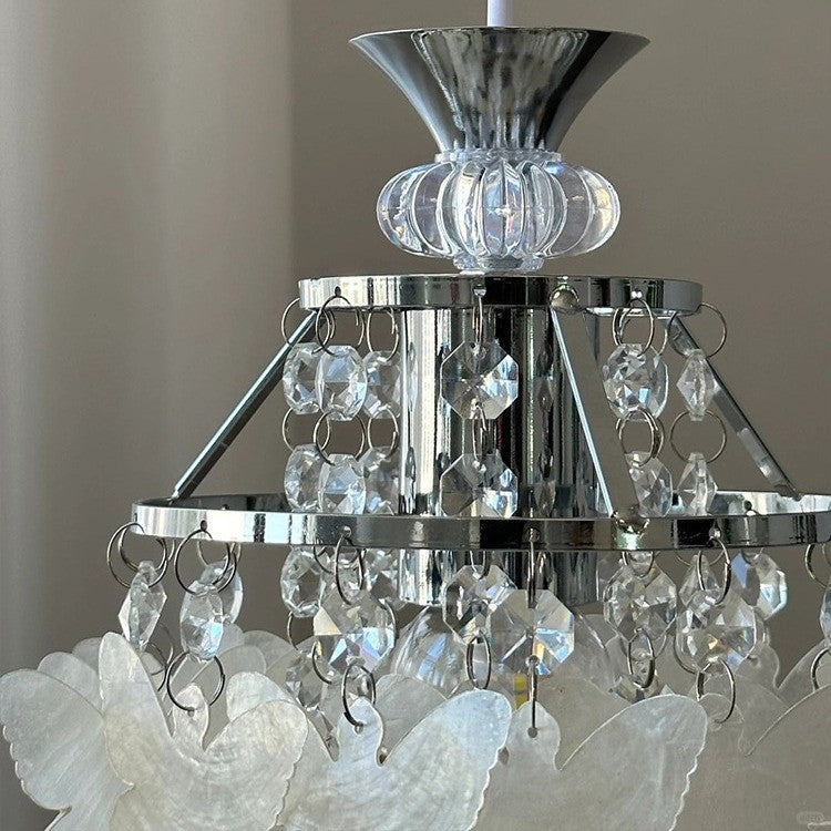 Moderne Art Deco Creme Schmetterling Muschel Windspiel Eisen Kristall 1-Licht Pendelleuchte für Schlafzimmer 