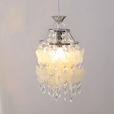Moderne Art Deco Creme Schmetterling Muschel Windspiel Eisen Kristall 1-Licht Pendelleuchte für Schlafzimmer 