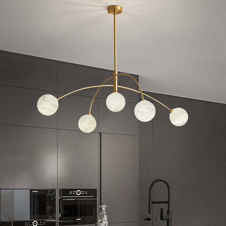 Lustre contemporain nordique rond et courbé en cuivre et marbre à 5 lumières pour salon 
