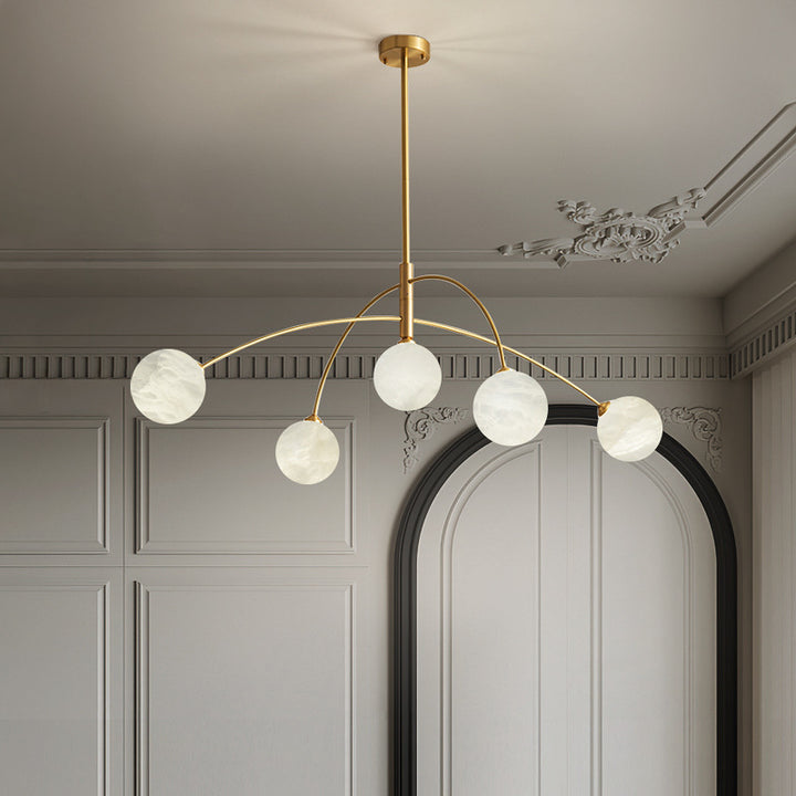 Contemporary Nordic Curved Round Orb Copper Marble 5-Light Chandelier For Living Room
