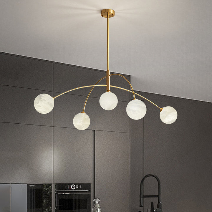 Lustre contemporain nordique rond et courbé en cuivre et marbre à 5 lumières pour salon 