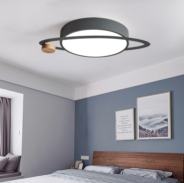 Contemporary Creative Planet Round Iron Rubberwood Acrylic LED Flush Mount Ceiling Light For Bedroom