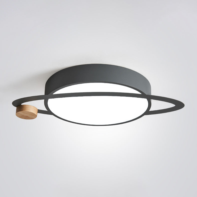 Contemporary Creative Planet Round Iron Rubberwood Acrylic LED Flush Mount Ceiling Light For Bedroom