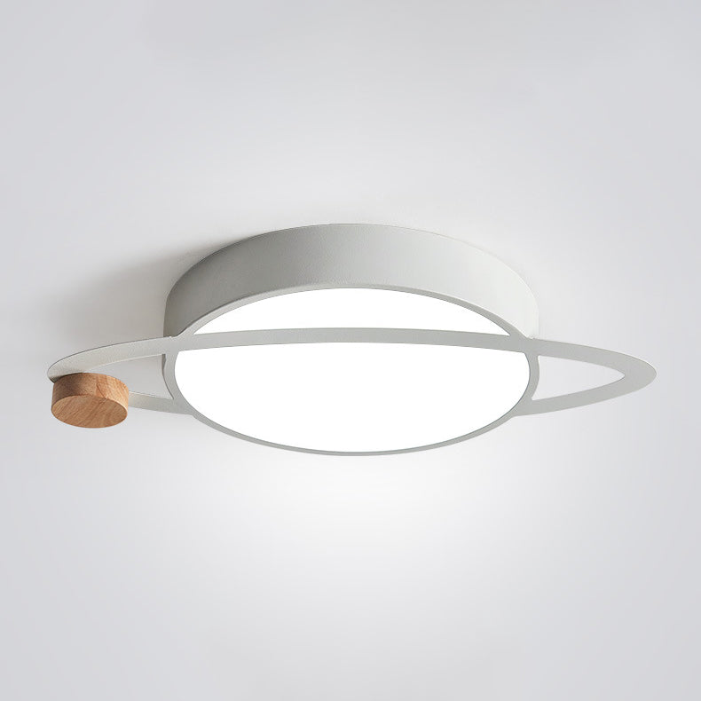 Contemporary Creative Planet Round Iron Rubberwood Acrylic LED Flush Mount Ceiling Light For Bedroom
