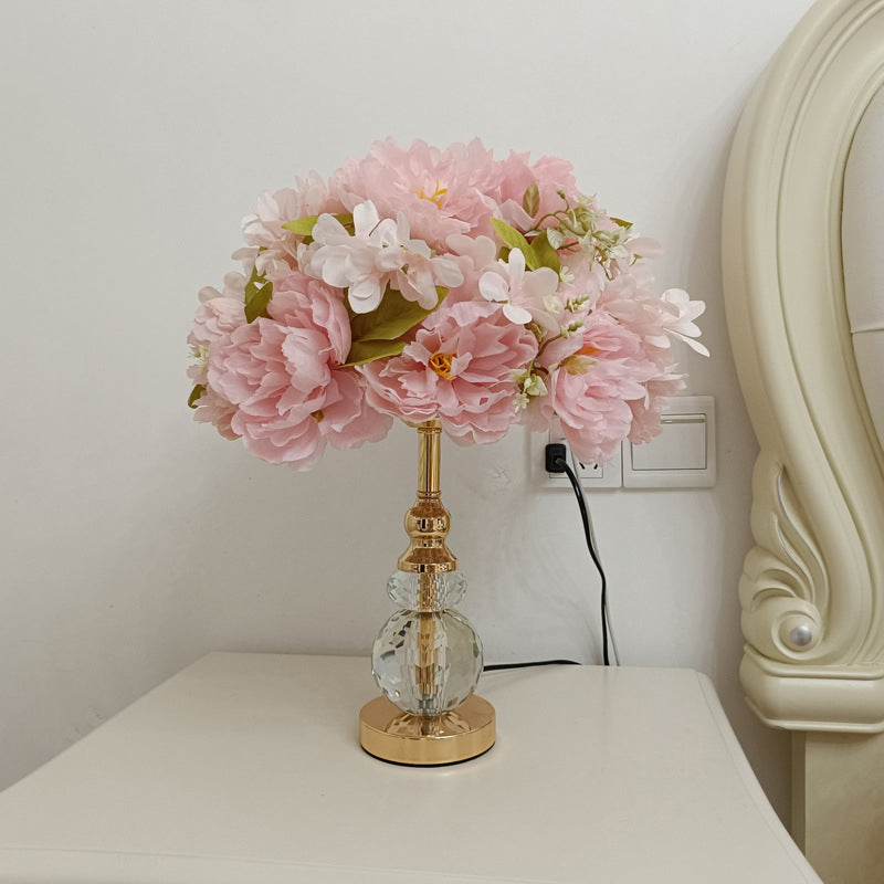 Modern Art Deco Round Metal Rose Crystal Fabric 1-Light Table Lamp For Bedroom