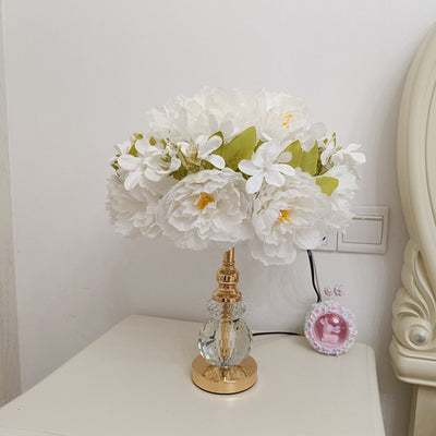 Modern Art Deco Round Metal Rose Crystal Fabric 1-Light Table Lamp For Bedroom