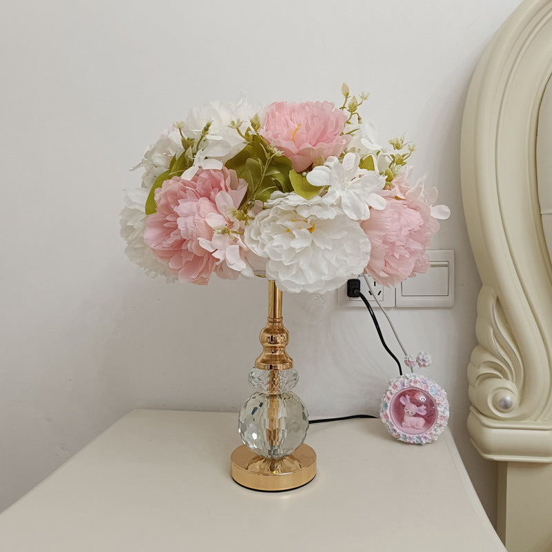 Modern Art Deco Round Metal Rose Crystal Fabric 1-Light Table Lamp For Bedroom