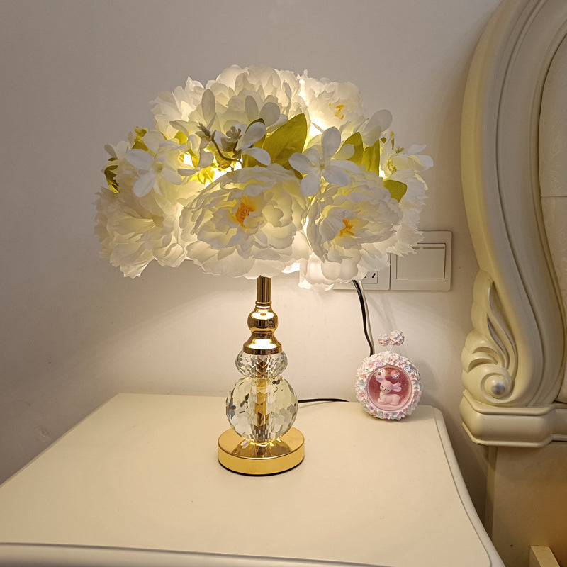 Modern Art Deco Round Metal Rose Crystal Fabric 1-Light Table Lamp For Bedroom