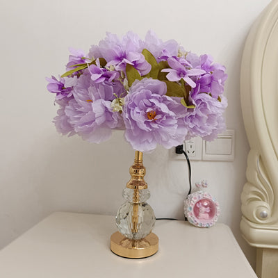 Modern Art Deco Round Metal Rose Crystal Fabric 1-Light Table Lamp For Bedroom