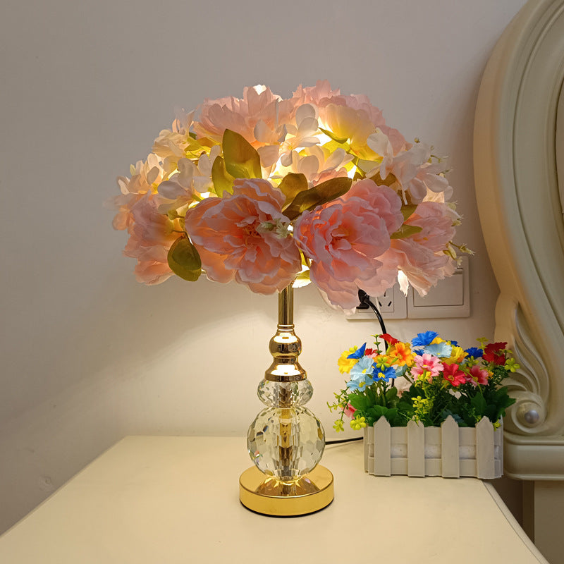 Modern Art Deco Round Metal Rose Crystal Fabric 1-Light Table Lamp For Bedroom