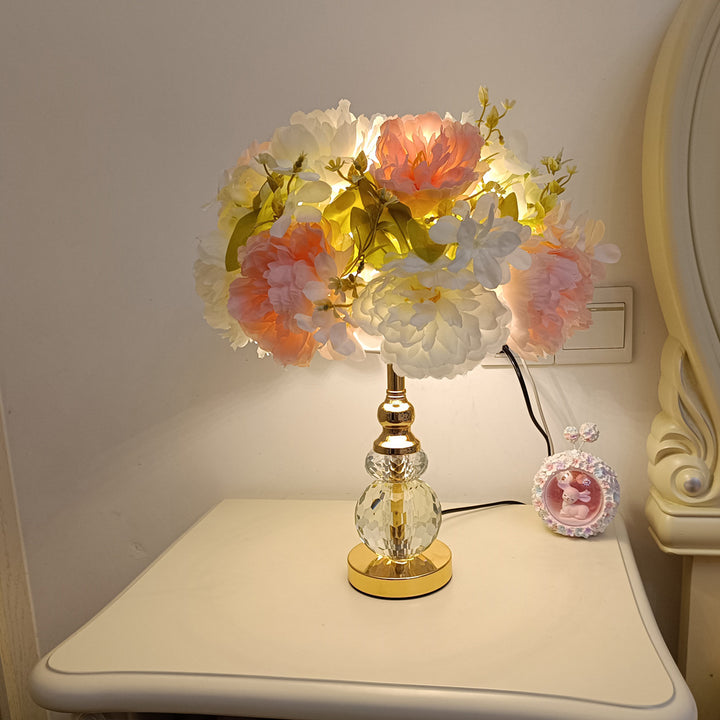 Moderne Art Deco Runde Metall Rose Kristall Stoff 1-Licht Tischlampe für das Schlafzimmer 
