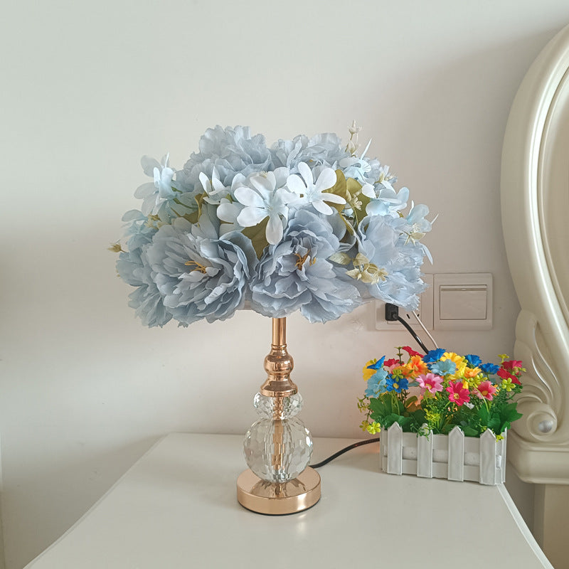 Modern Art Deco Round Metal Rose Crystal Fabric 1-Light Table Lamp For Bedroom
