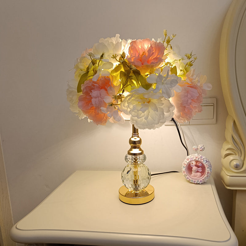 Modern Art Deco Round Metal Rose Crystal Fabric 1-Light Table Lamp For Bedroom