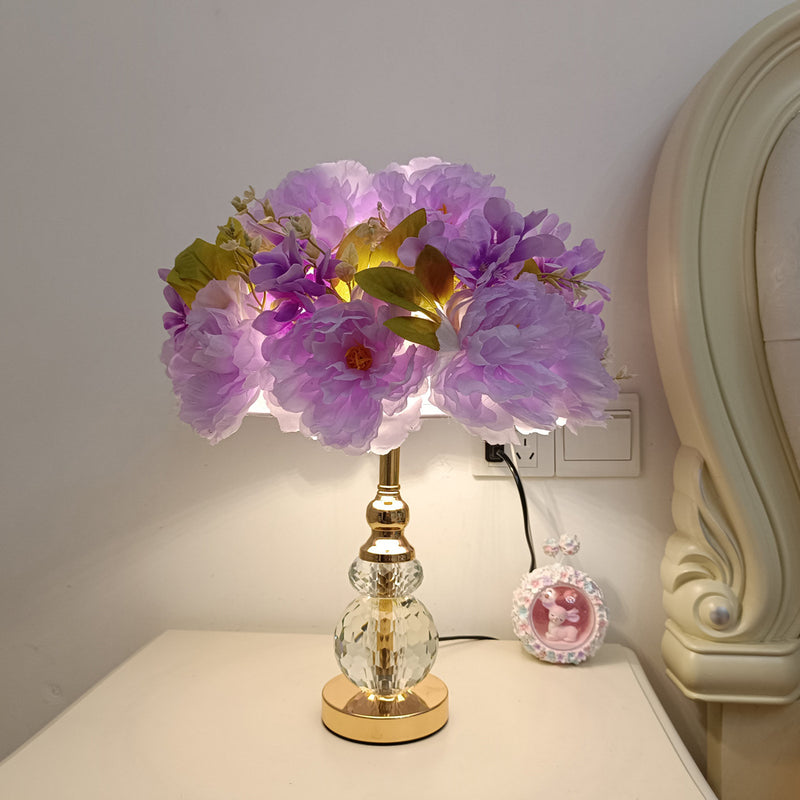 Modern Art Deco Round Metal Rose Crystal Fabric 1-Light Table Lamp For Bedroom