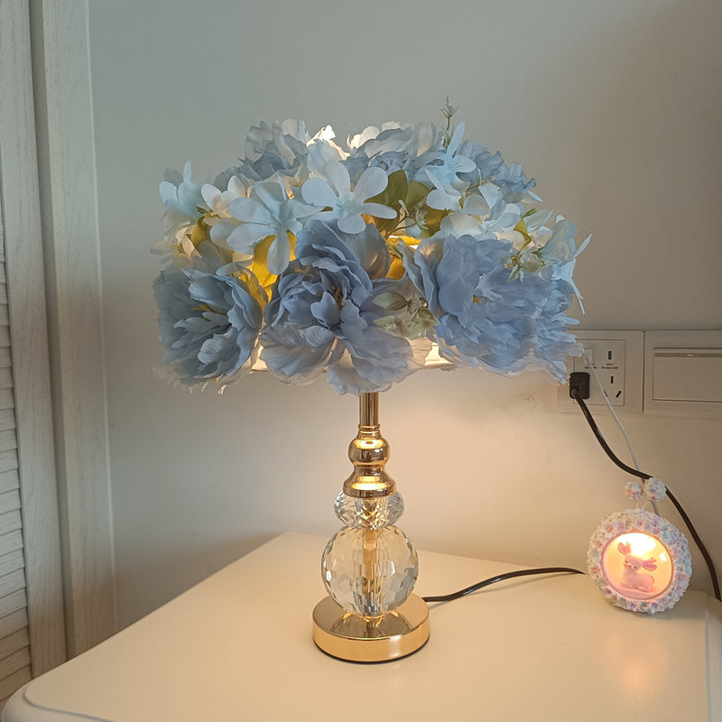 Modern Art Deco Round Metal Rose Crystal Fabric 1-Light Table Lamp For Bedroom
