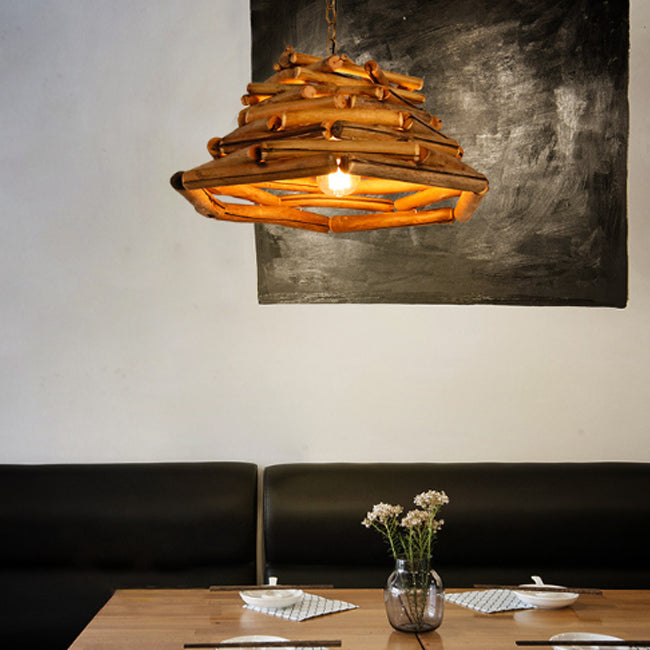 Traditional Rustic Wooden Stick Cone Cylinder Wood 1-Light Pendant Light For Dining Room