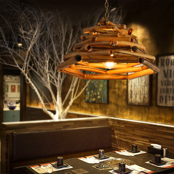 Traditional Rustic Wooden Stick Cone Cylinder Wood 1-Light Pendant Light For Dining Room