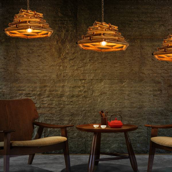 Traditional Rustic Wooden Stick Cone Cylinder Wood 1-Light Pendant Light For Dining Room