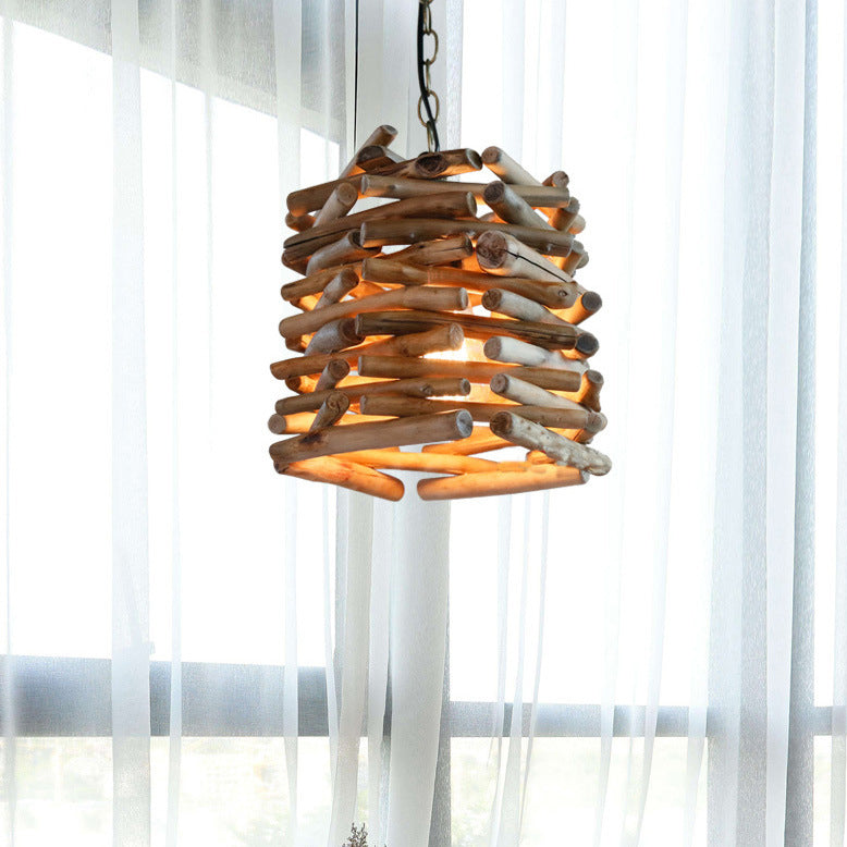 Traditional Rustic Wooden Stick Cone Cylinder Wood 1-Light Pendant Light For Dining Room