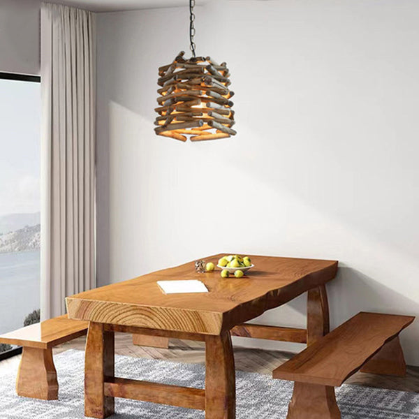 Traditional Rustic Wooden Stick Cone Cylinder Wood 1-Light Pendant Light For Dining Room