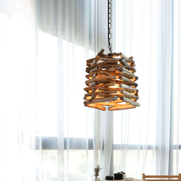 Traditional Rustic Wooden Stick Cone Cylinder Wood 1-Light Pendant Light For Dining Room