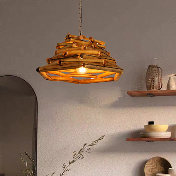 Traditional Rustic Wooden Stick Cone Cylinder Wood 1-Light Pendant Light For Dining Room