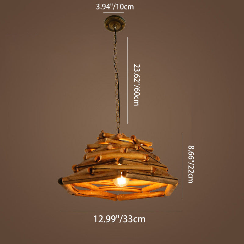 Traditional Rustic Wooden Stick Cone Cylinder Wood 1-Light Pendant Light For Dining Room