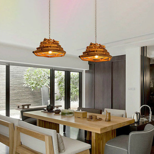 Traditional Rustic Wooden Stick Cone Cylinder Wood 1-Light Pendant Light For Dining Room