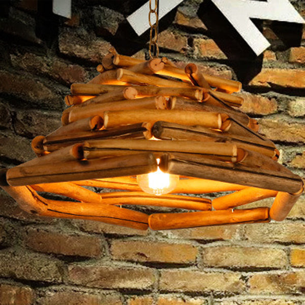 Traditional Rustic Wooden Stick Cone Cylinder Wood 1-Light Pendant Light For Dining Room