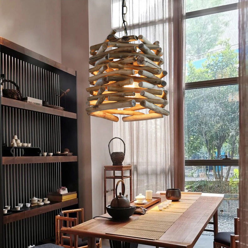 Traditional Rustic Wooden Stick Cone Cylinder Wood 1-Light Pendant Light For Dining Room
