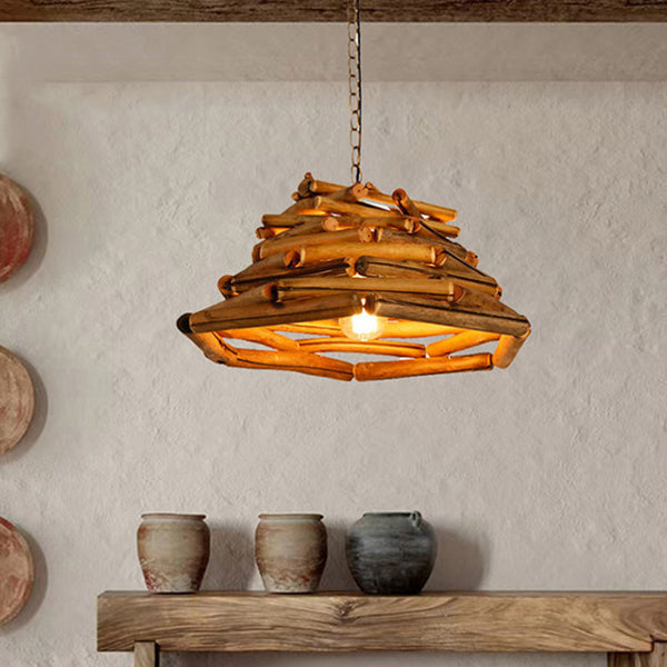 Traditional Rustic Wooden Stick Cone Cylinder Wood 1-Light Pendant Light For Dining Room