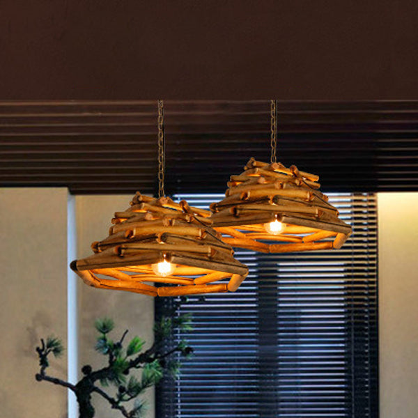 Traditional Rustic Wooden Stick Cone Cylinder Wood 1-Light Pendant Light For Dining Room