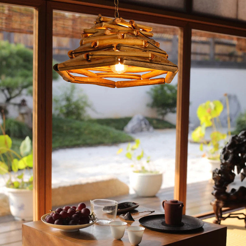 Traditional Rustic Wooden Stick Cone Cylinder Wood 1-Light Pendant Light For Dining Room