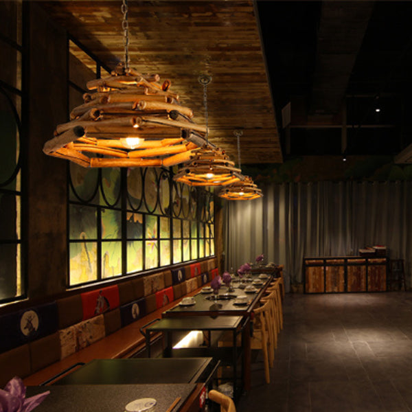 Traditional Rustic Wooden Stick Cone Cylinder Wood 1-Light Pendant Light For Dining Room