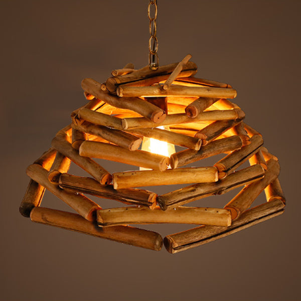 Traditional Rustic Wooden Stick Cone Cylinder Wood 1-Light Pendant Light For Dining Room