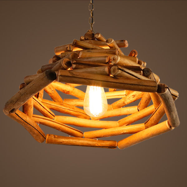 Traditional Rustic Wooden Stick Cone Cylinder Wood 1-Light Pendant Light For Dining Room