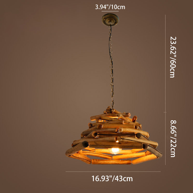 Traditional Rustic Wooden Stick Cone Cylinder Wood 1-Light Pendant Light For Dining Room