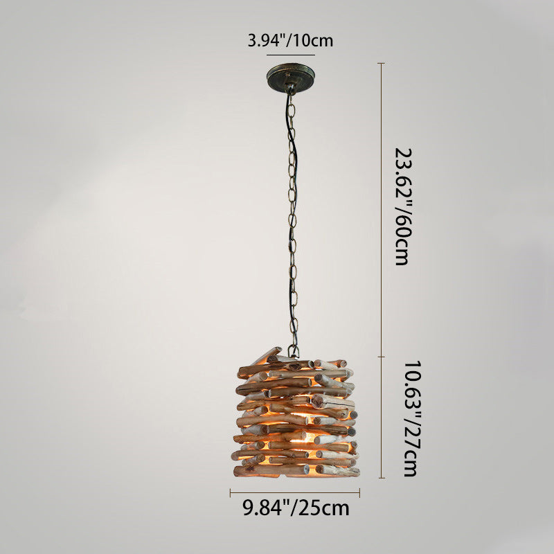 Traditional Rustic Wooden Stick Cone Cylinder Wood 1-Light Pendant Light For Dining Room
