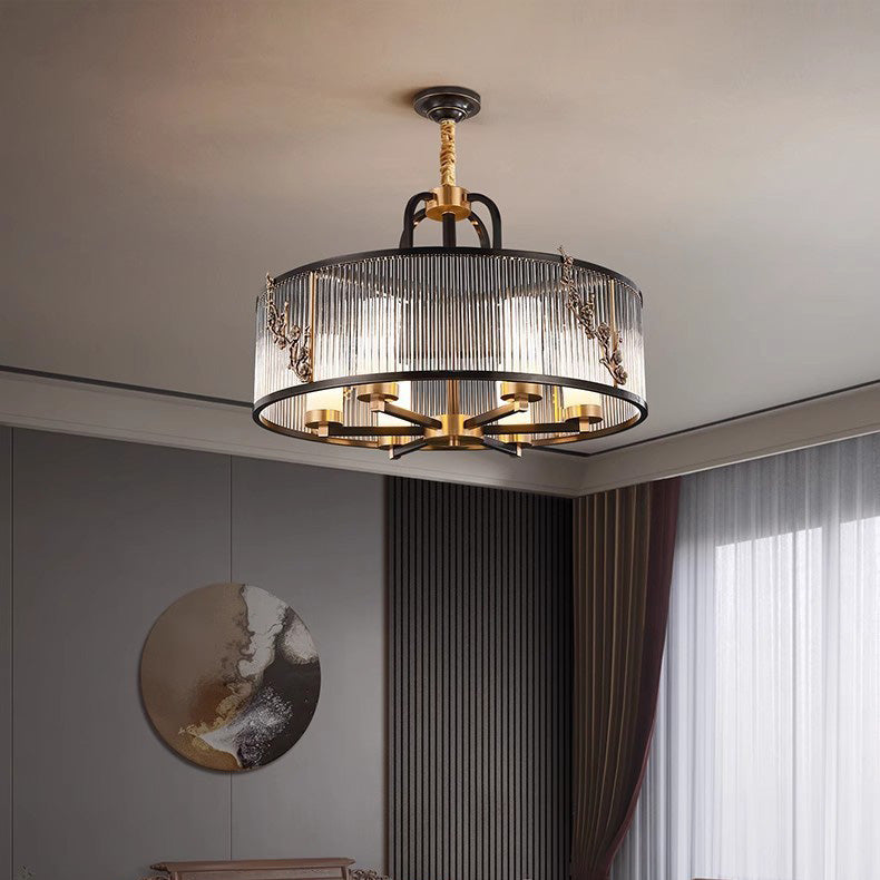 Lustre traditionnel vintage rond rectangle en cuivre et verre 5/6 lumières pour salon 