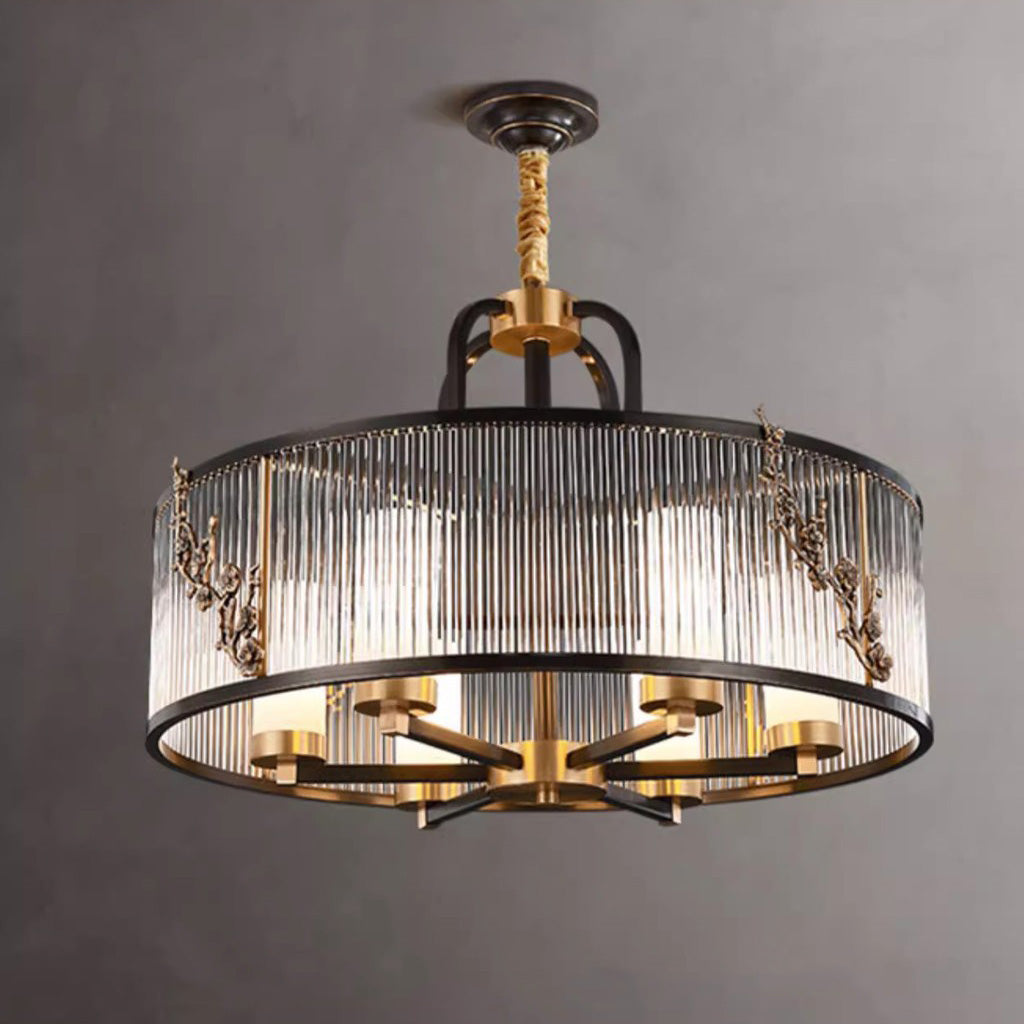 Lustre traditionnel vintage rond rectangle en cuivre et verre 5/6 lumières pour salon 