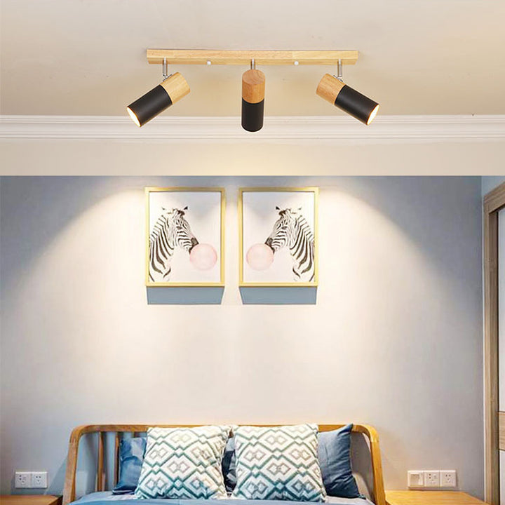 Zeitgenössisches nordisches verstellbares lineares Zylinderholz-Aluminium-Spotlight 3-Licht-Deckenleuchte für das Schlafzimmer 
