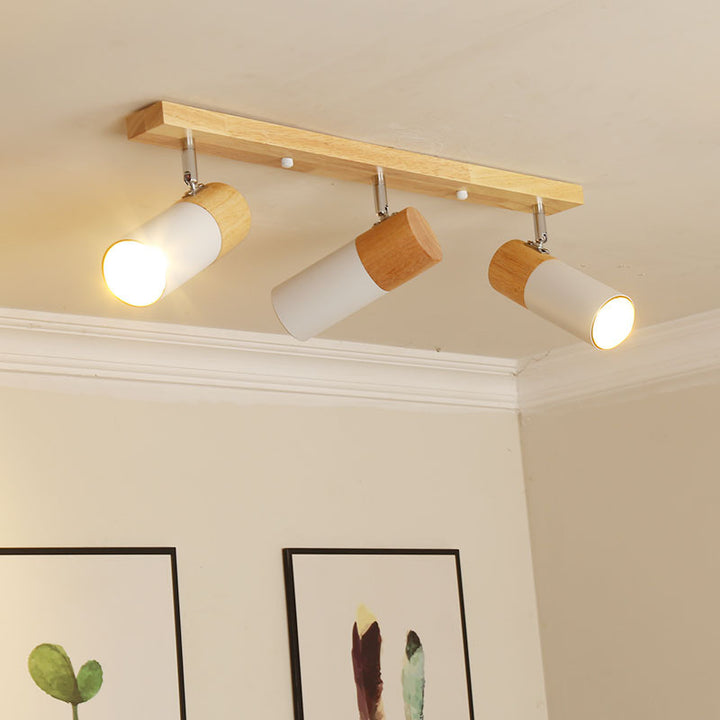 Zeitgenössisches nordisches verstellbares lineares Zylinderholz-Aluminium-Spotlight 3-Licht-Deckenleuchte für das Schlafzimmer 