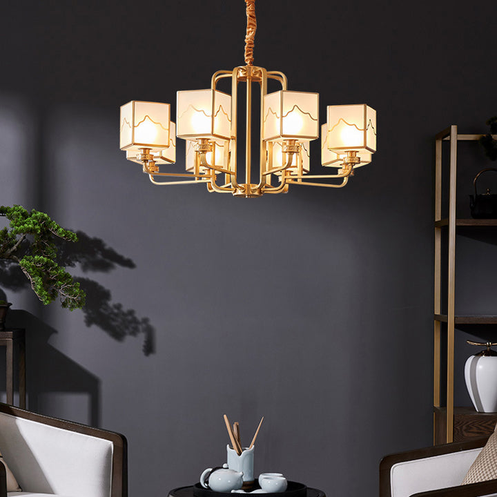 Chandelier traditionnel en cuivre avec verre carré, rectangulaire et rond chinois 6/8/10 lumières pour salon 