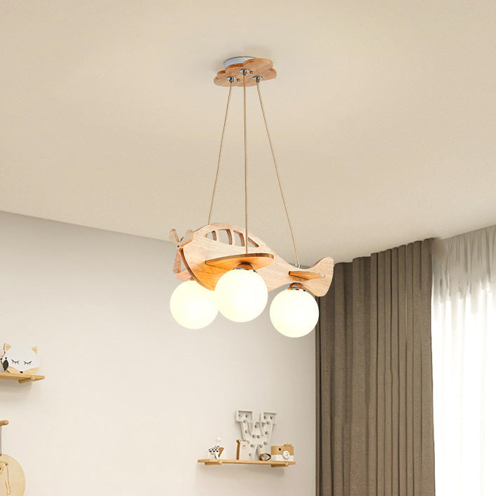 Zeitgenössischer Kreativer Kinder Cartoon Flugzeug Kugel Holz Eisen Glas 3-Licht Kronleuchter Für Schlafzimmer 