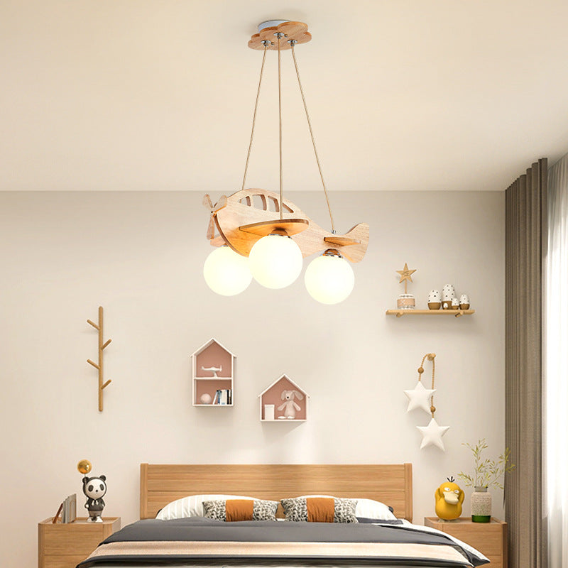 Zeitgenössischer Kreativer Kinder Cartoon Flugzeug Kugel Holz Eisen Glas 3-Licht Kronleuchter Für Schlafzimmer 