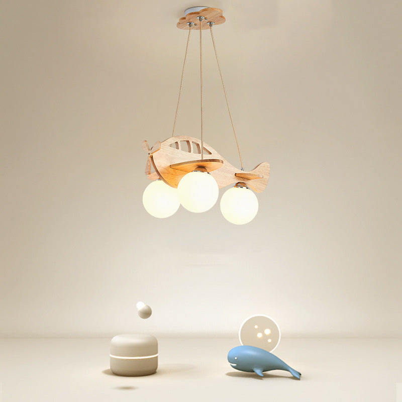Zeitgenössischer Kreativer Kinder Cartoon Flugzeug Kugel Holz Eisen Glas 3-Licht Kronleuchter Für Schlafzimmer 